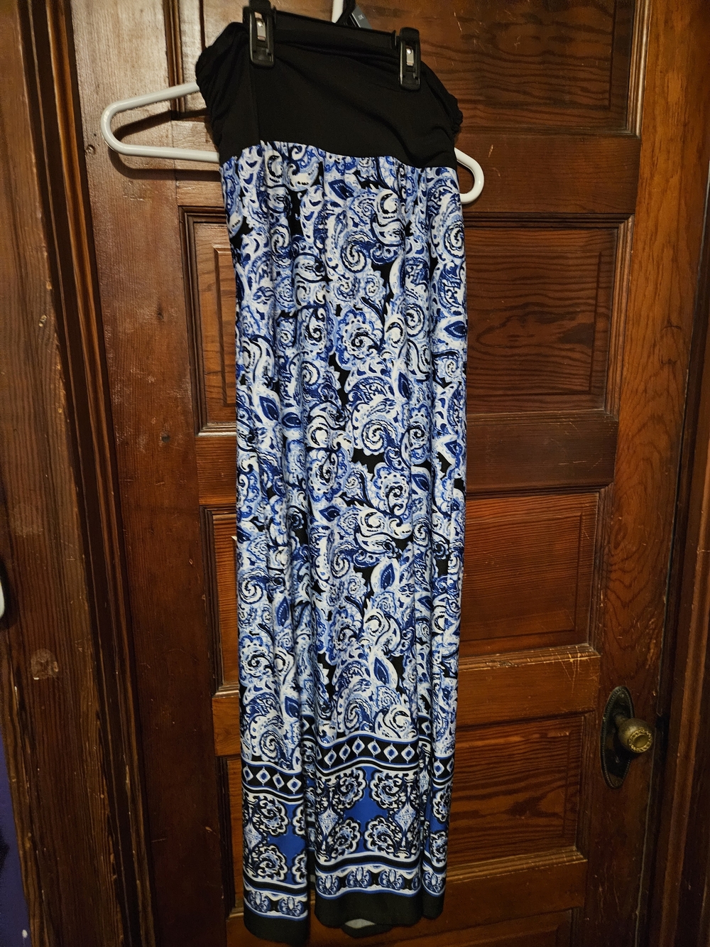 Blue Paisley Maxi Skirt with Black Waistband